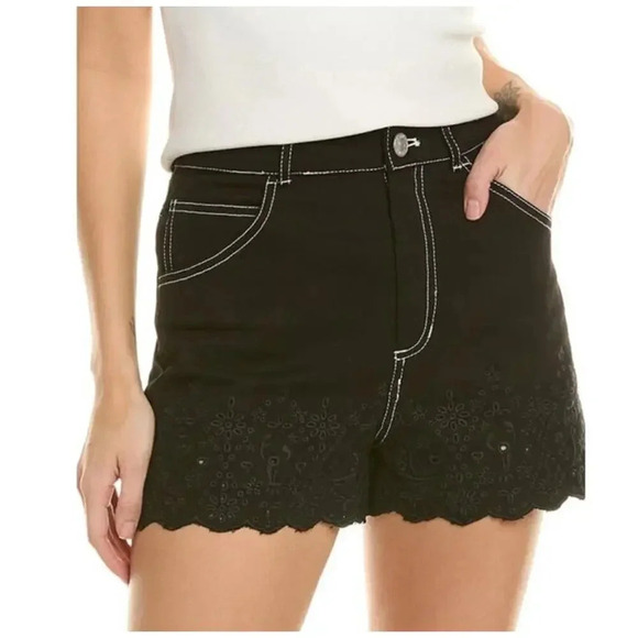NWT Staud Noemie Embroidered Scallop Non-stretch Denim Shorts in Black Size 4 - Picture 1 of 6
